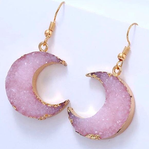 New Moon Geode Amethyst Dangle‎ Earrings Gold Crystal Quartz Stone Druzy Pink - Picture 1 of 2